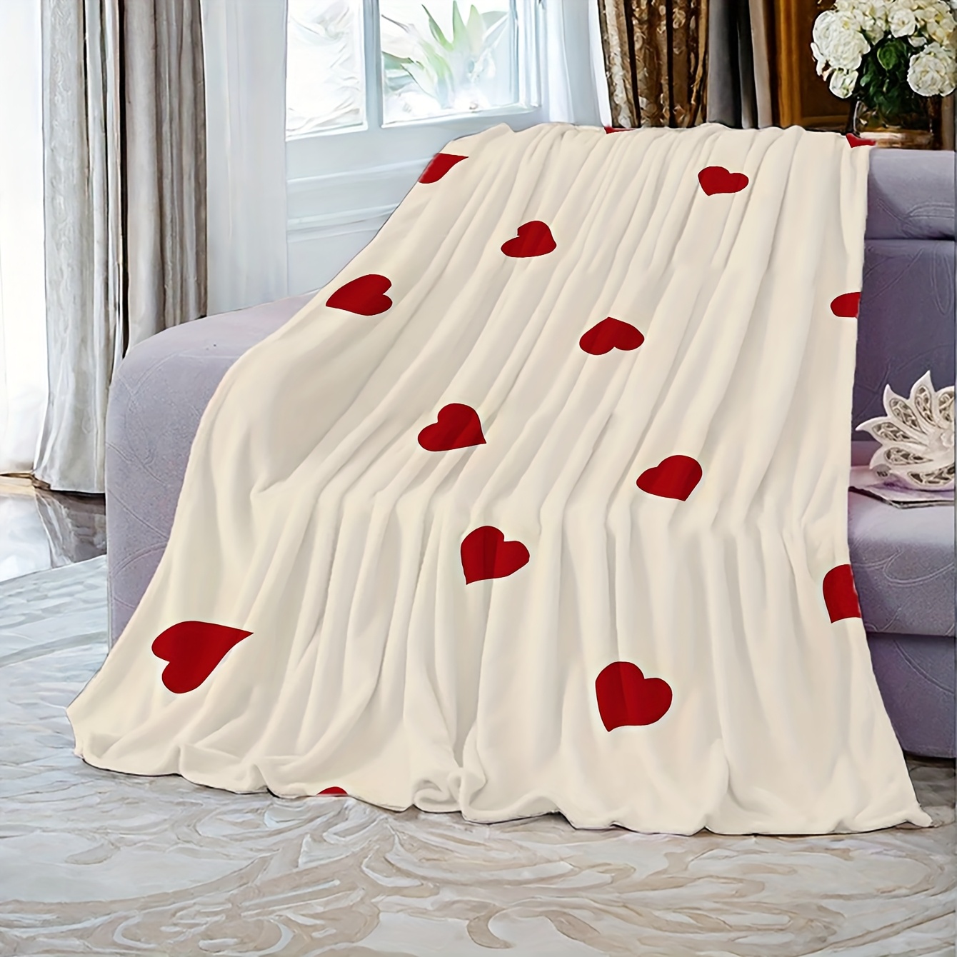 

Valentine's Red Heart Pattern Printed Soft Sofa Throw Blanket, Contemporary Style, Cozy Warm Knitted Polyester Coral Fleece, , With For Couch, Bed, Camping, Travel, Office, Home Nap, Gift Blanket