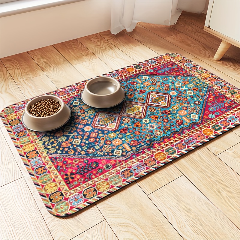 TEMU 1pc, Tapis d'alimentation pour animaux de compagnie de style bohème, matériau en caoutchouc antidérapant avec motif géométrique et floral ,