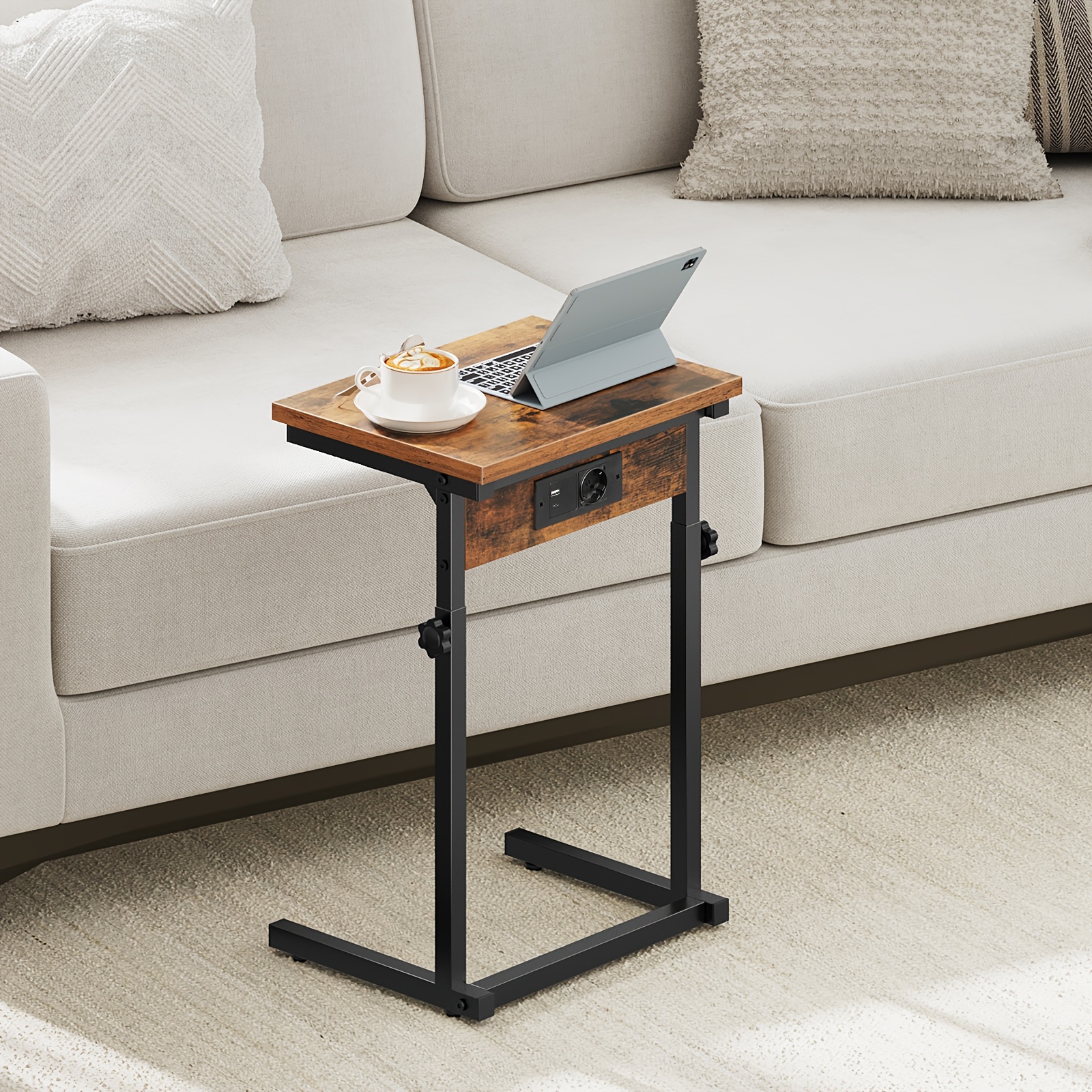 Side Table, Sofa Table With Charging Station, Adjustable Height, Tv Tray Table, Suitable For Small Spaces, Sofa Armrest Table, Suitable For Living Room, Bedroom And Study, And Black