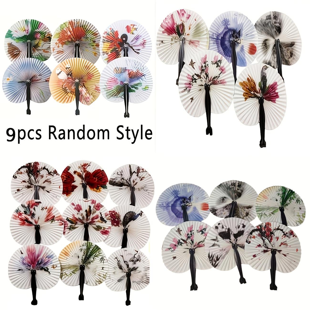 Image of 9pcs Portable Folding Paper Fans | Traditional Style Painting, Vintage Style Cute Folding And Shrinking, Random Colors, Ideal For Small Gifts