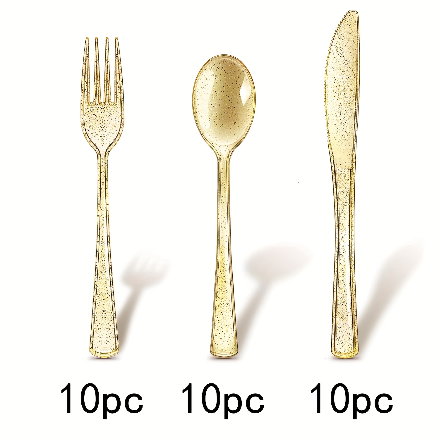 TEMU Set da 30 pezzi di posate in plastica con glitter dorati, inclusi 10 coltelli, 10 forchette cucchiai. Queste posate lavabili e riutilizzabili