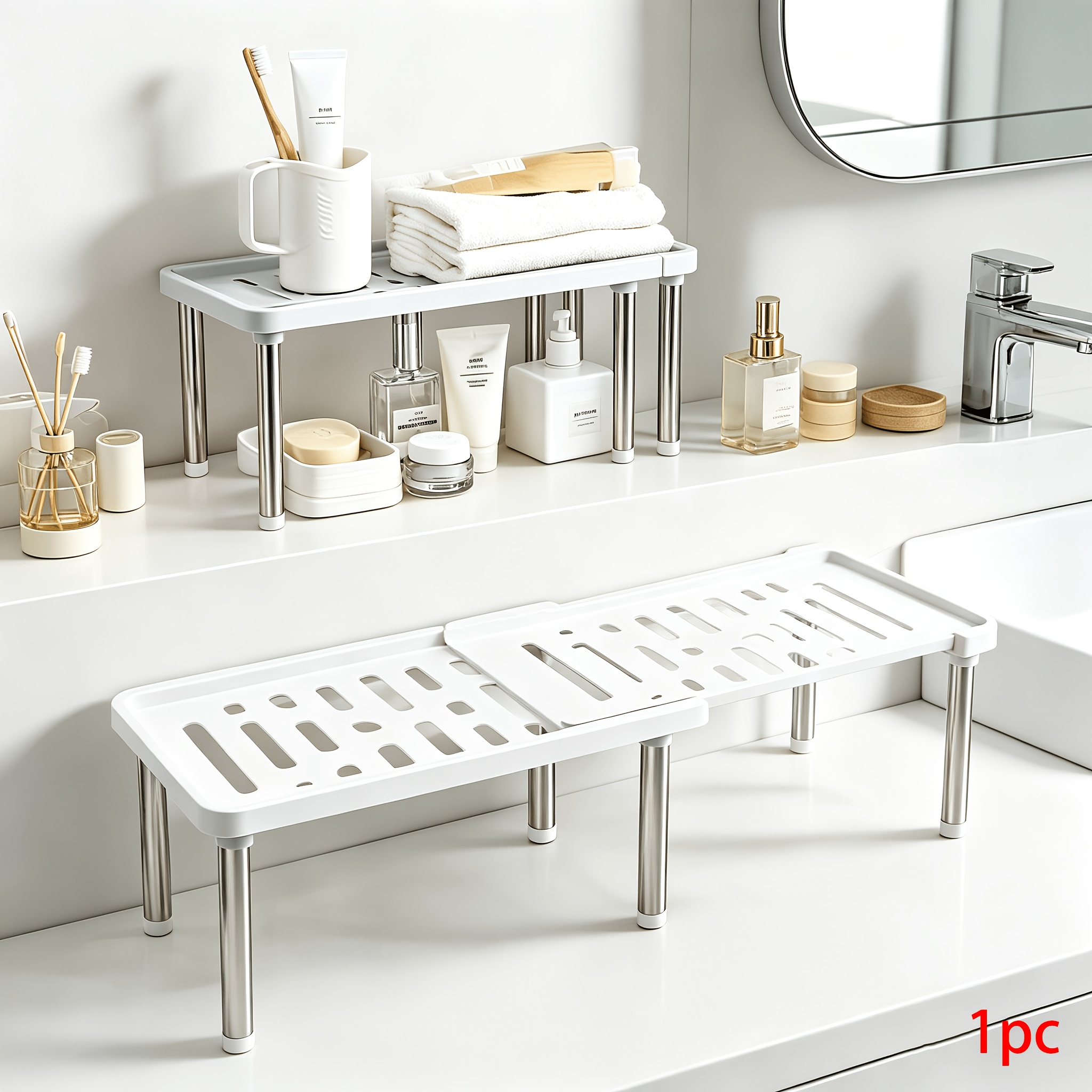 TEMU 1pc Adjustable Retractable Shelf - Durable Plastic Storage Rack, Adjustable Length For Kitchen, Bathroom, Pantry - Multifunctional Storage Box