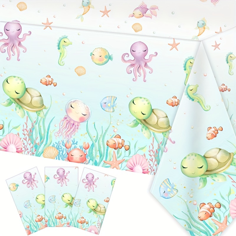 

Under The Sea Turtle Tablecloth, 1pc Rectangle Turtle And Fish Ocean Table Cover For Sea Turtle Theme Birthday Anniversary Party Eid Al-adha Mubarak