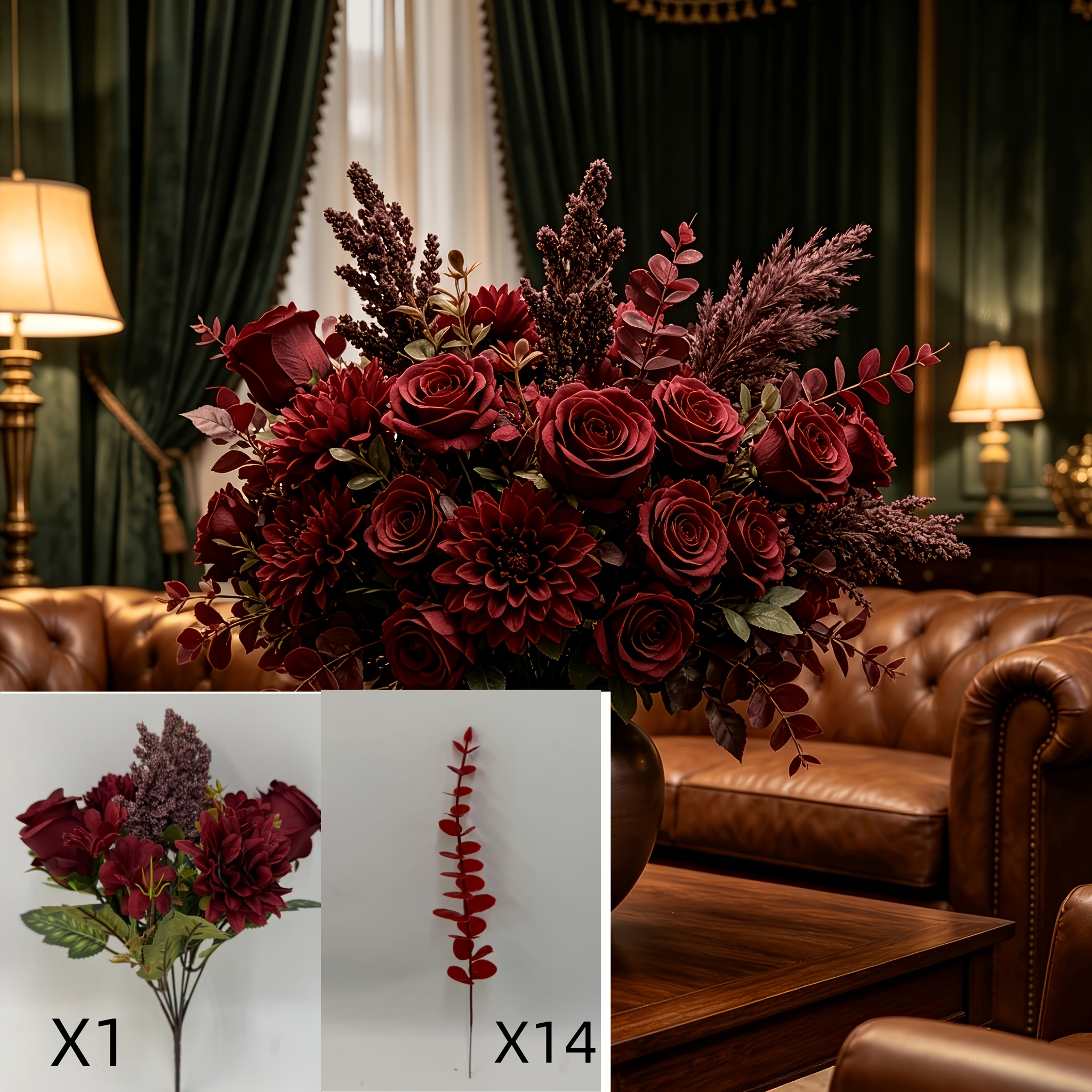 TEMU 15pcs Burgundy Vintage Artificial Floral Arrangement Set, Featuring Roses With Burgundy Eucalyptus Leaves. The Warm, For Halloween Haunted