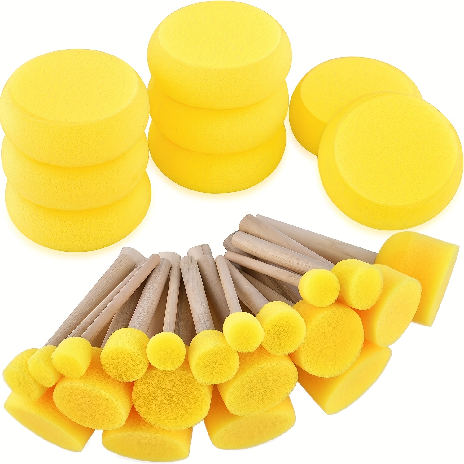 Image of Set Of 28 Round Sponge Stamps In 4 Sizes (3.99cm, 4.6cm, 2.01cm, 1.5cm) For Drawing, Painting And Art Projects, Crafts And Diy Tools, With Yellow Mushroom Headpiece For Professional Artistic Use