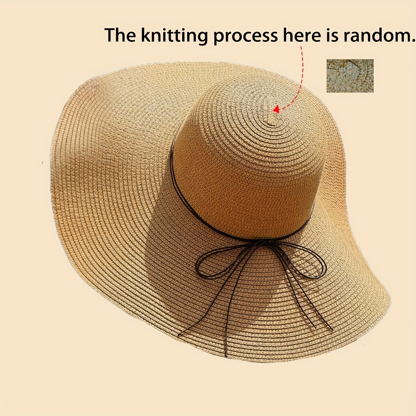 TEMU 1pc Women's Tie-string Decorative Fashion Khaki Straw Hat Suitable For Summer Travel, Beach Vacation Accessories, Matching, Outdoor