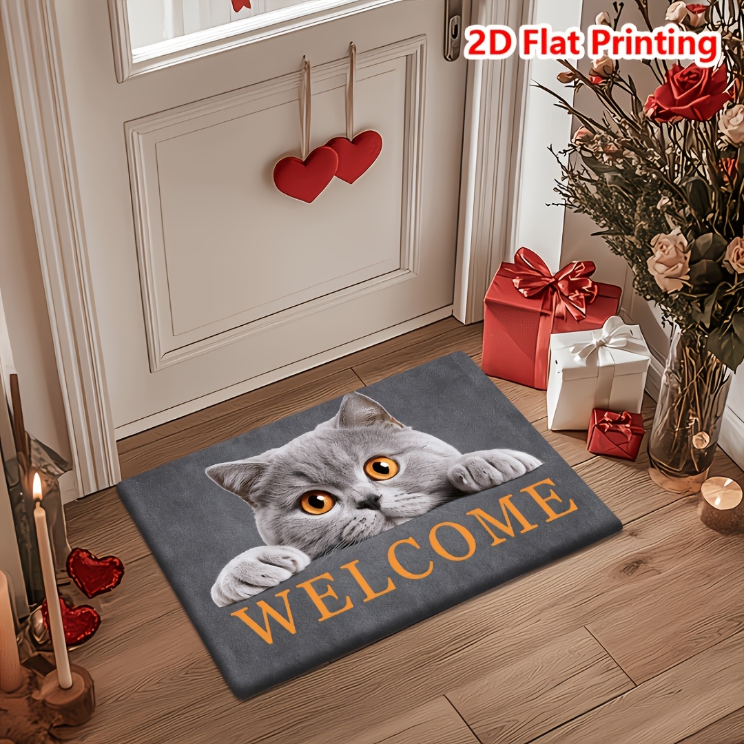 TEMU Paillasson amusant en flanelle + éponge de 1 cm d'épaisseur | Tapis imprimé motif chat qui jette un coup d'œil, yeux orange, , convient à divers
