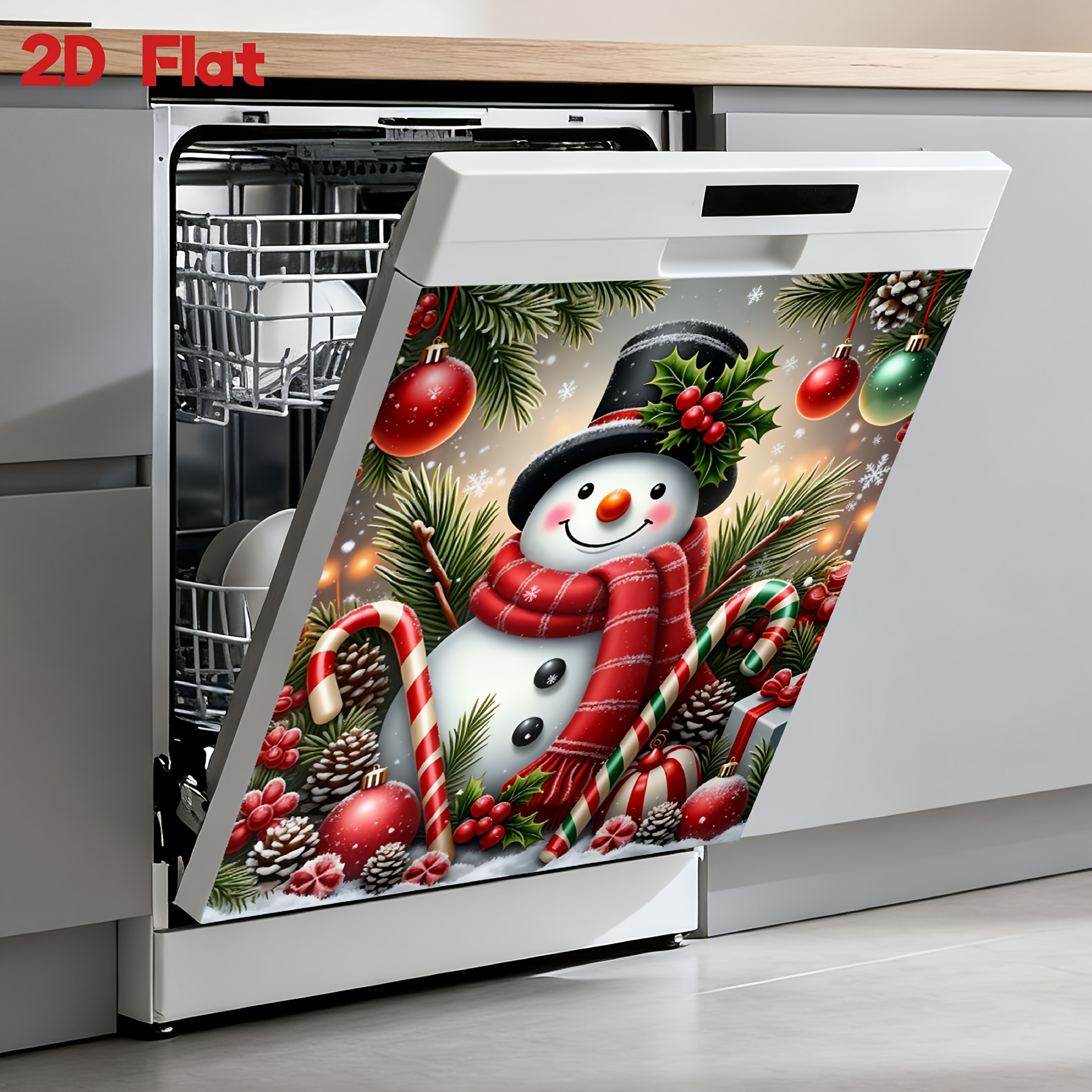TEMU 1pc 2d Flat Christmas Snowman Dishwasher/refrigerator Sticker, Christmas Ball/holly/pattern Dishwasher Creative Decoration, Home Kitchen
