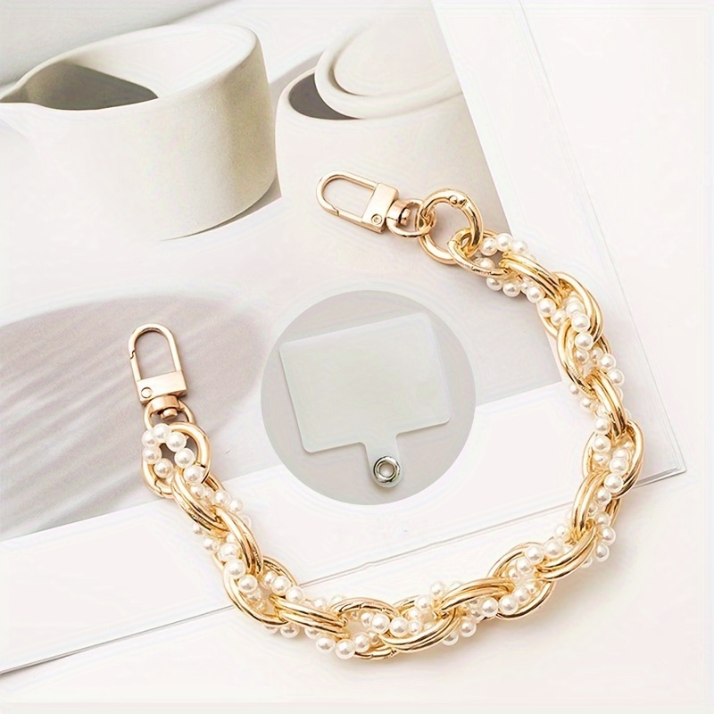 

Elegant Woven Pearl And Gold-tone Beaded Phone Chain, Double Clasp, Instagram- Accessory