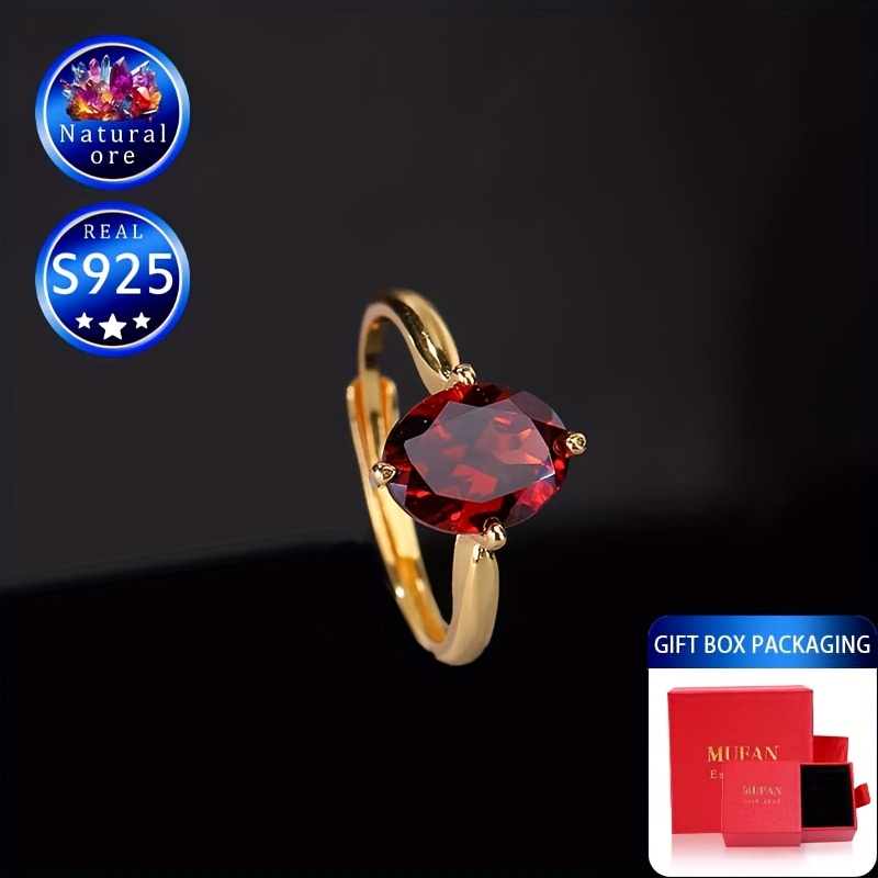 S925 Silver Adjustable Gemstone Ring with Red Garnet, Gift for Her