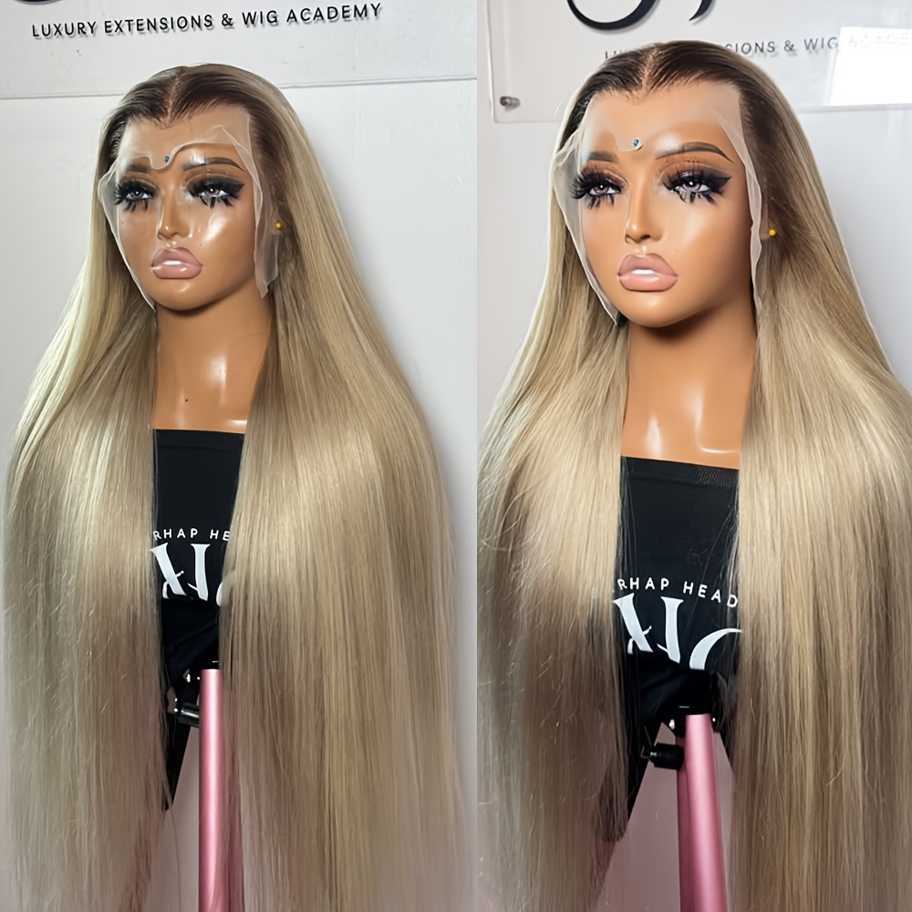 Image of 13x4 Long Ombre Ash Blonde Wigs Dark Straight Wig Hd Lace Frontal Wigs Glueless Density Heat Resistant Fiber Wig For Women Long Straight High Temperature Fiber Wig 28 Inch Brown To Blonde Color