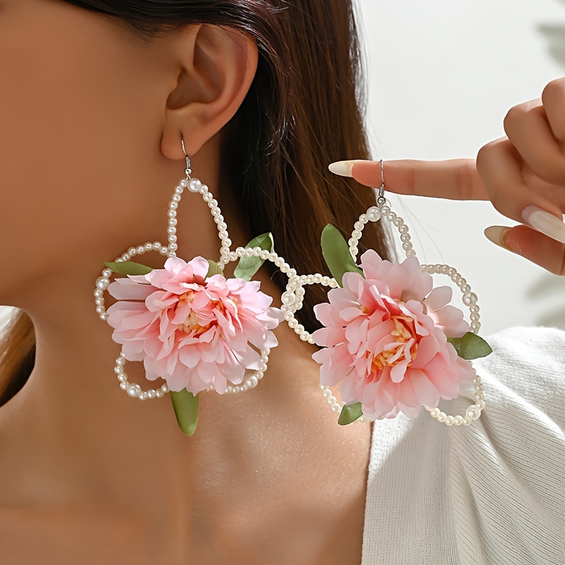 Chic Geometric Pearl & 3d Flower Dangle Earrings For Women - Stainless Steel Posts, Resin , Perfect For Casual Attire