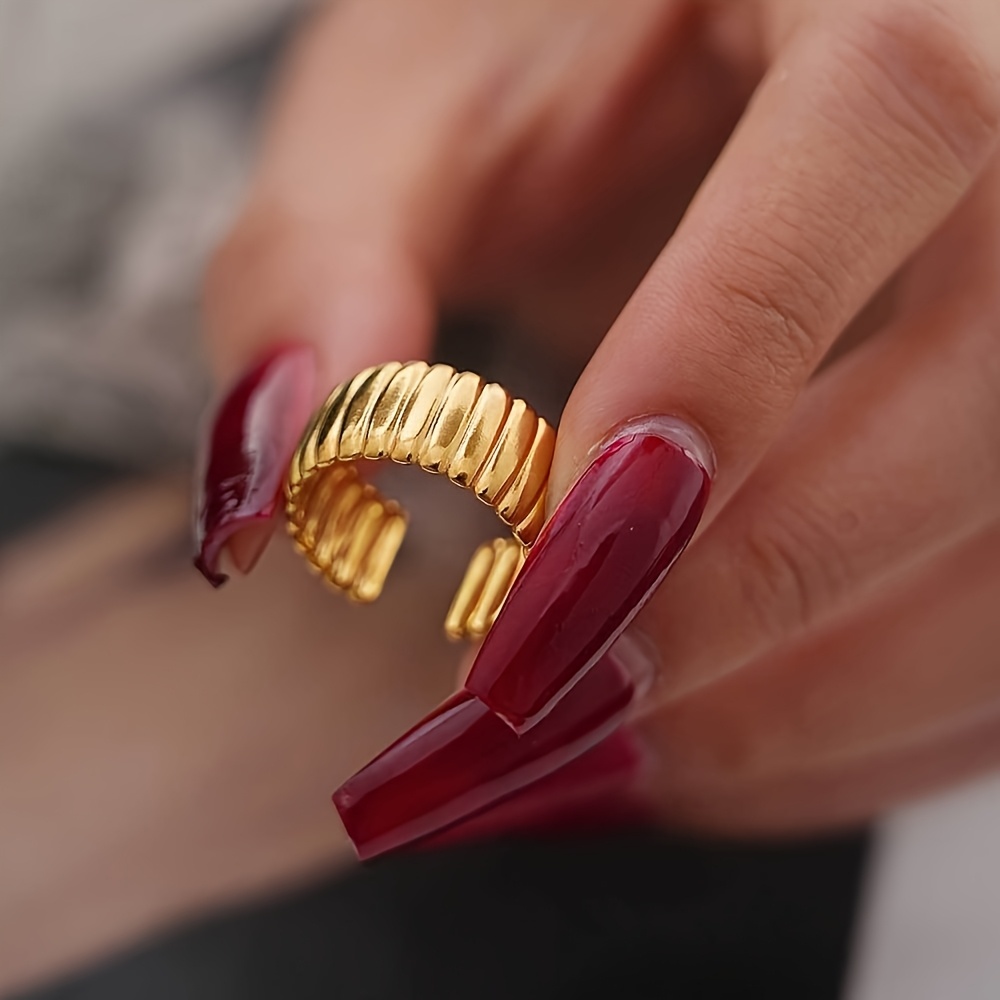 TEMU Anello regolabile da 1 pezzo in acciaio inossidabile con design a -estate. una bellissima fascia larga filettata unisex in stile minimalista,