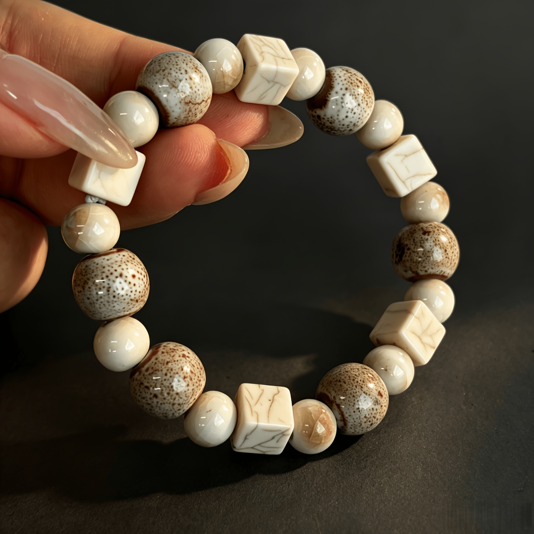 TEMU 1pc New Chinese Style Mixed Bead Ceramic Men's Woven Bracelet - 11mm Light Gray Spotted Glazed Porcelain Beads And 8mm Round Beads And 8mm Ice