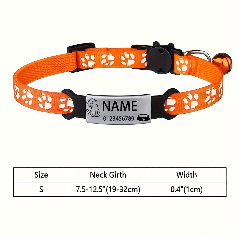 TEMU Personalized Cute Paw Print Reflective Pet Collar With Nameplate, Featuring A Kitten Paw Print Design. Customizable Engraving For And Owner's