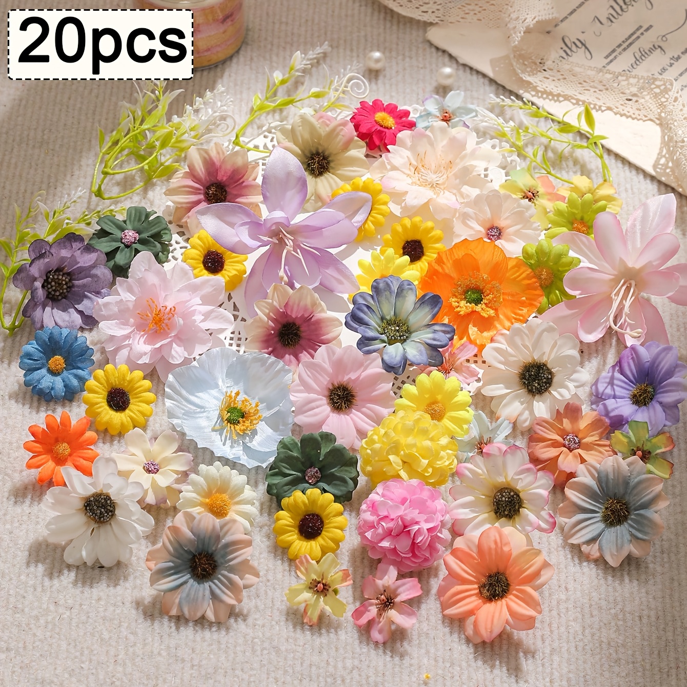 Image of 20/52pcs Artificial Flower Heads, Assorted Sizes Of Synthetic Flowers, Mini Fake Flowers, Daisy Flowers, Suitable For Wedding Crafts, Home Decor