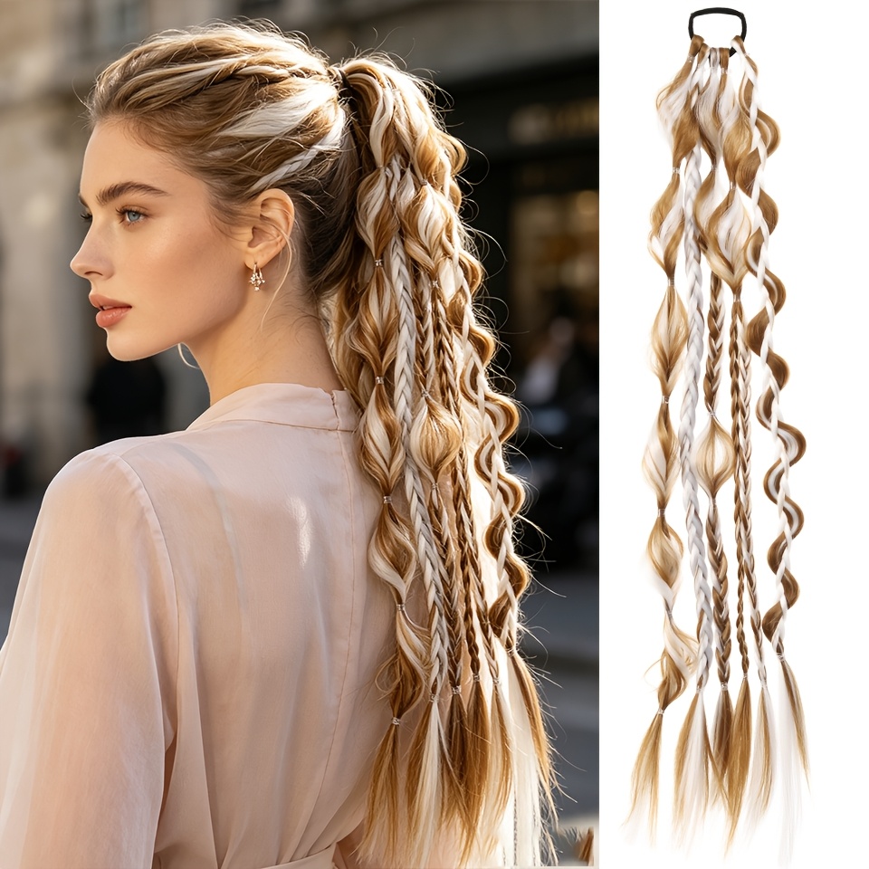 TEMU 24inch Curly Braided Bubble Ponytail Wig Extensions Suitable For Women With Elastic Band - Lightweight Synthetic Hair For Braids, Dreadlocks,
