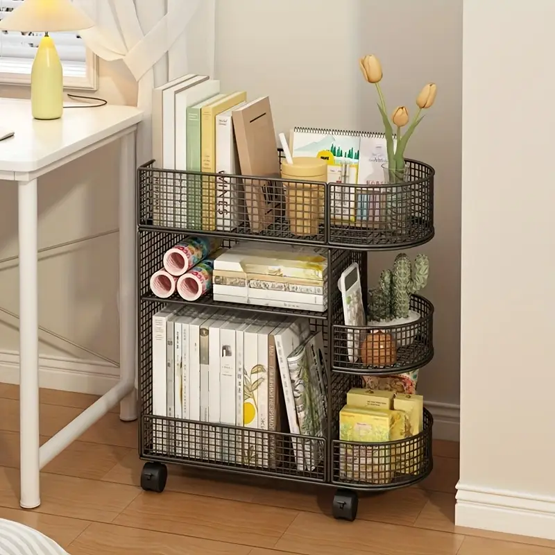 3 tier metal bookshelf with rolling casters space saving under desk storage organizer for books filing bins decor durable metal shelves easy assembly no tools needed for home office organization bookshelf furniture utility racks Product details 4