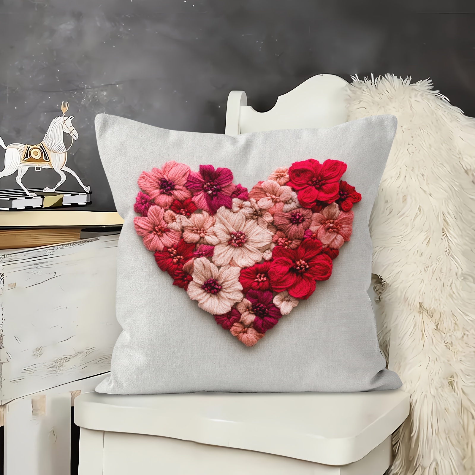 

1pc Heart Embroidery Throw Pillow Cover, 18x18 Inch - Soft Gray With Pink & Red Flowers, Zippered Polyester Case, Ideal For Valentine's Day Home Decor & Gift (pillow Insert Not Included)