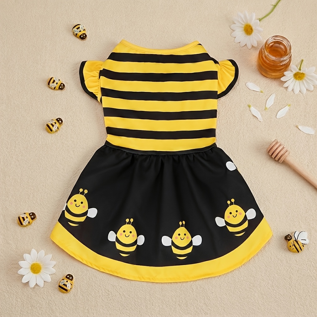 TEMU 1pc Of Cute Bee Striped Printed Pet Dog Dress With Small Fly Sleeves, Suitable For Small/medium-sized Dogs And Cats To Use In Summer