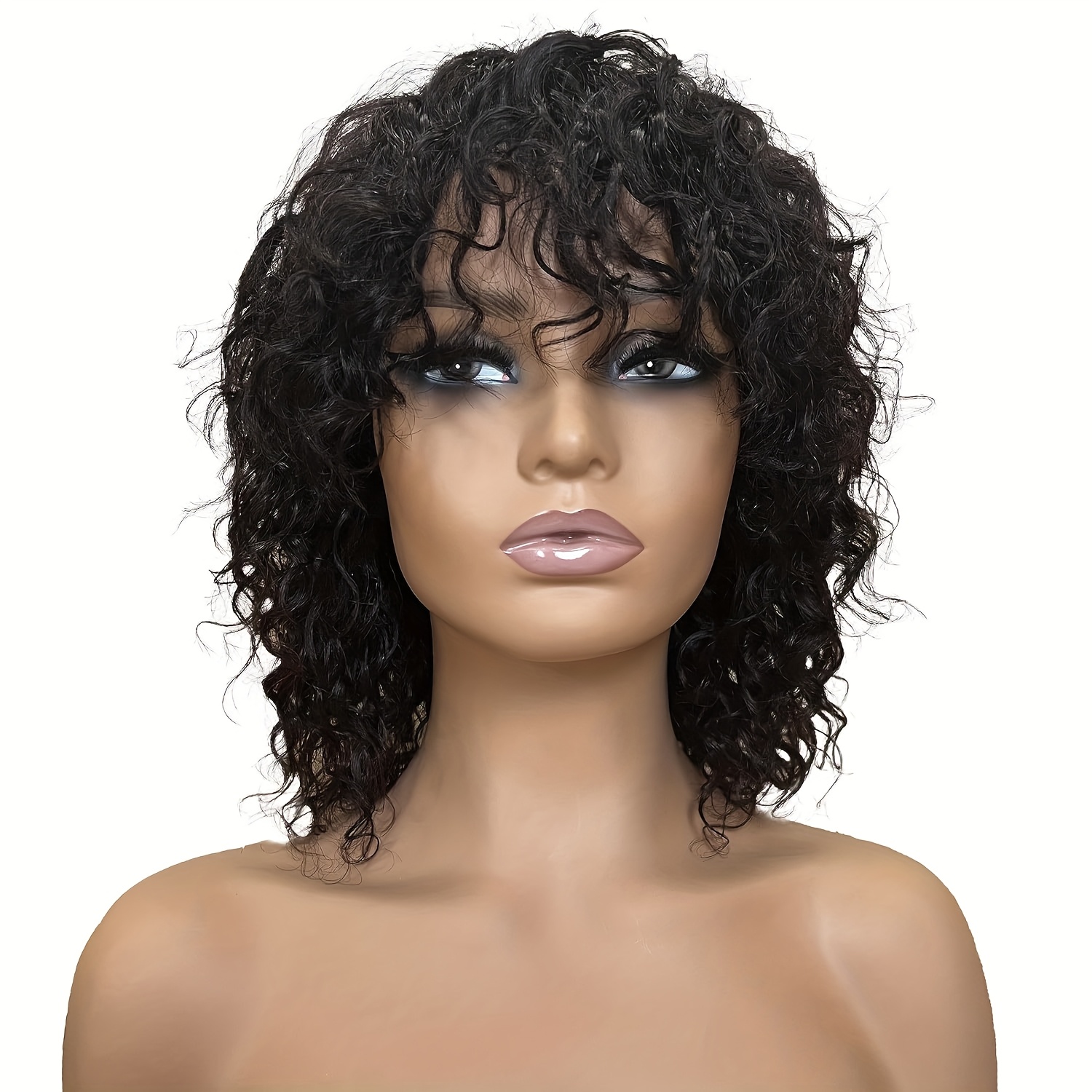 TEMU This Wig For Women Showcases Short, Curly Human Hair With Natural Bangs. It Requires No Glue And Is From Black Hair With A Density Of 180%. It Has A Length Of 10 Inches And Does Not Lace
