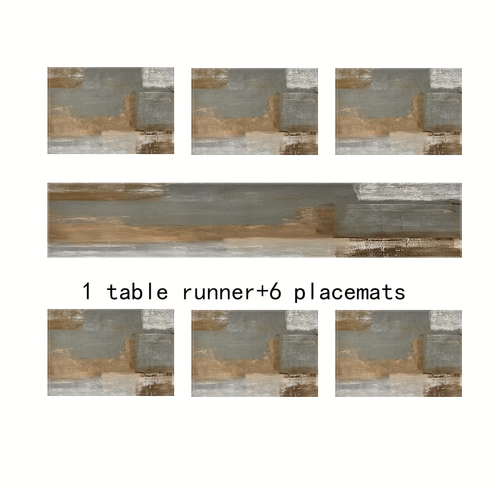 Image of 5pcs/7pcs Farmhouse Table Runner And Placemat Set, Abstract Brown-gray Painting Art Dining Decor, Suitable For Daily Use