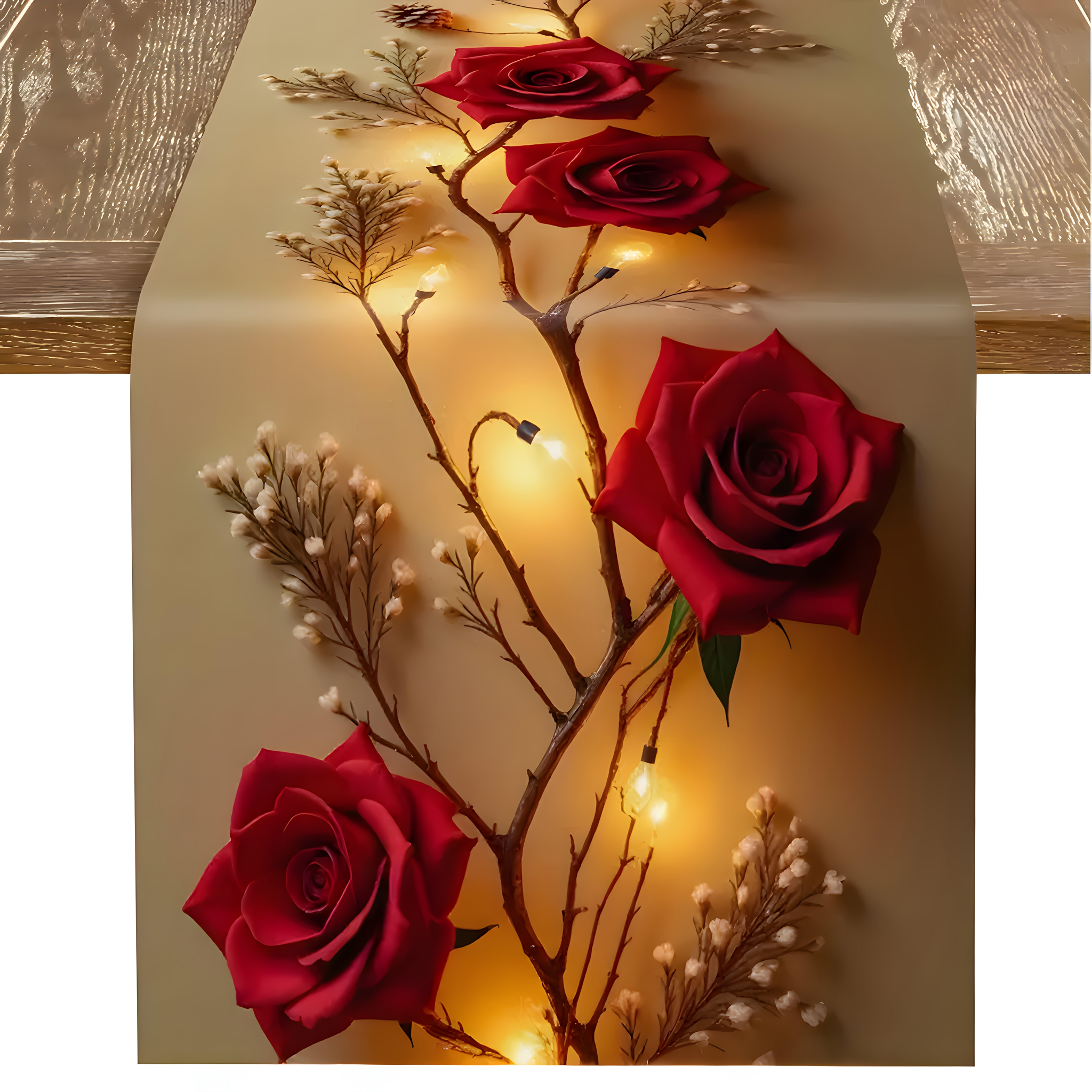 E-shop 1 Stück Tischläufer für Zuhause, Küche, Esstisch, Tischdecke, Tischzubehör, Tischstoff, Valentinstag-Motiv, Elegante Rote Rosen Zarte Zweige