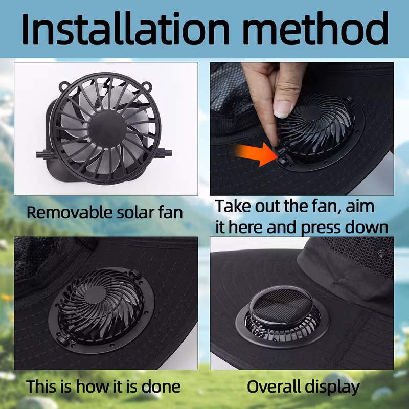 solar fan hat outdoor wide brim bucket with 2 x 180 adjustable fans upf 50 usb solar powered for beach camping hiking Product details 3