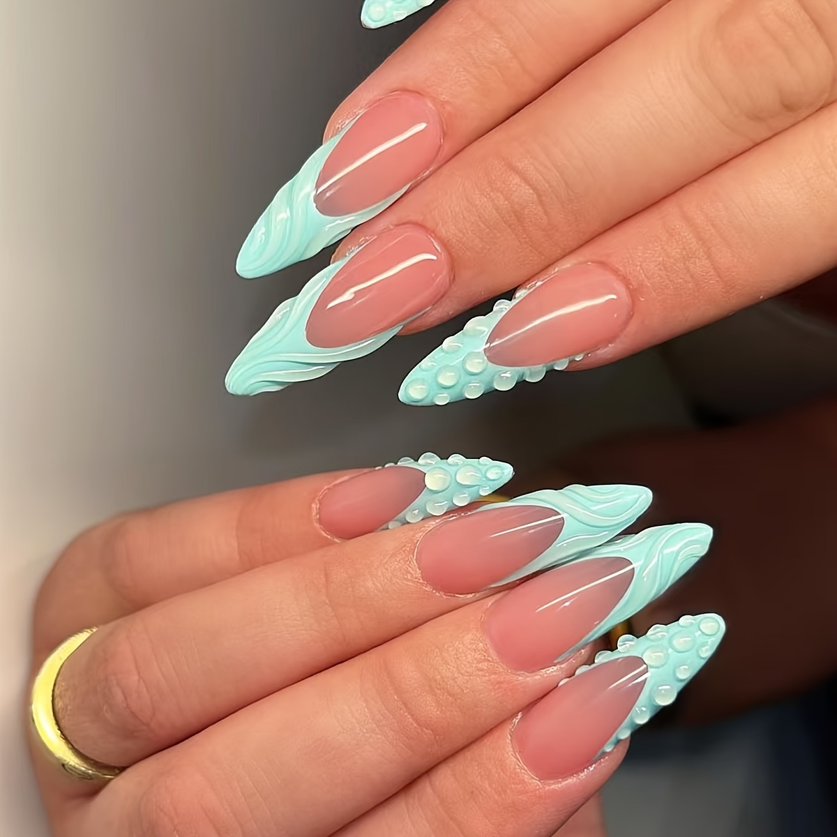 TEMU Lot de 24 faux ongles à pression de longue, style français, , motif texturé et bulles 3D, base nude avec décorations tridimensionnelles sur le
