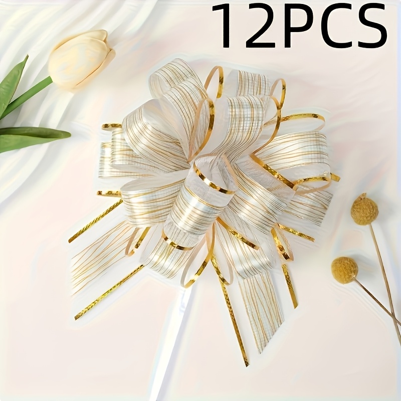 E-shop 12 Stück weiße und goldene gestreifte Schleifen - Großes Blattspitzen-Design aus schwerem Kunststoff, geeignet für Hochzeit, Weihnachten,