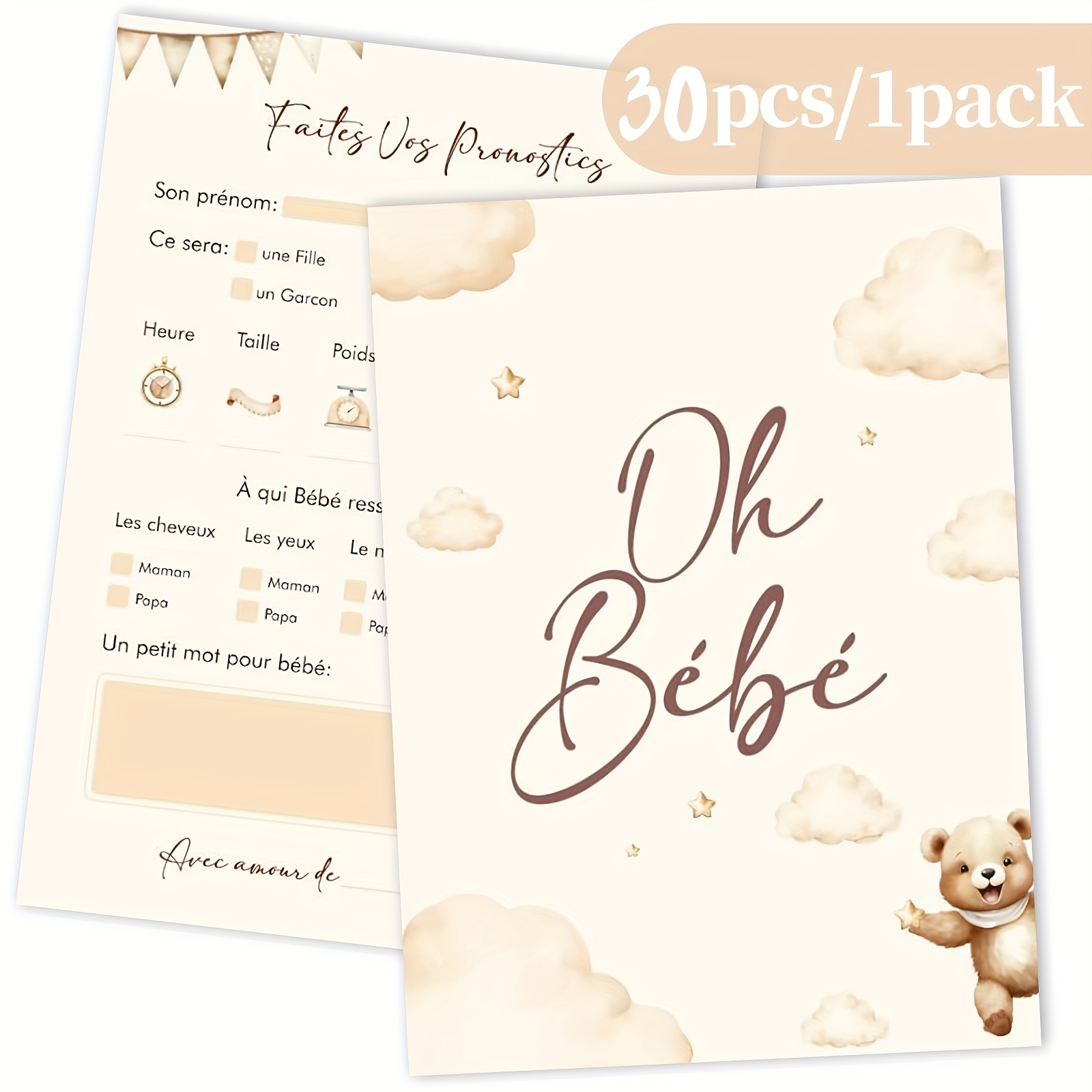 TEMU 30 Cartes de du - Décorations pour Fête de d' Ours Français, Accessoires Garçon ou Fille, Invitations d'Annonce de Grossesse, Cartes de