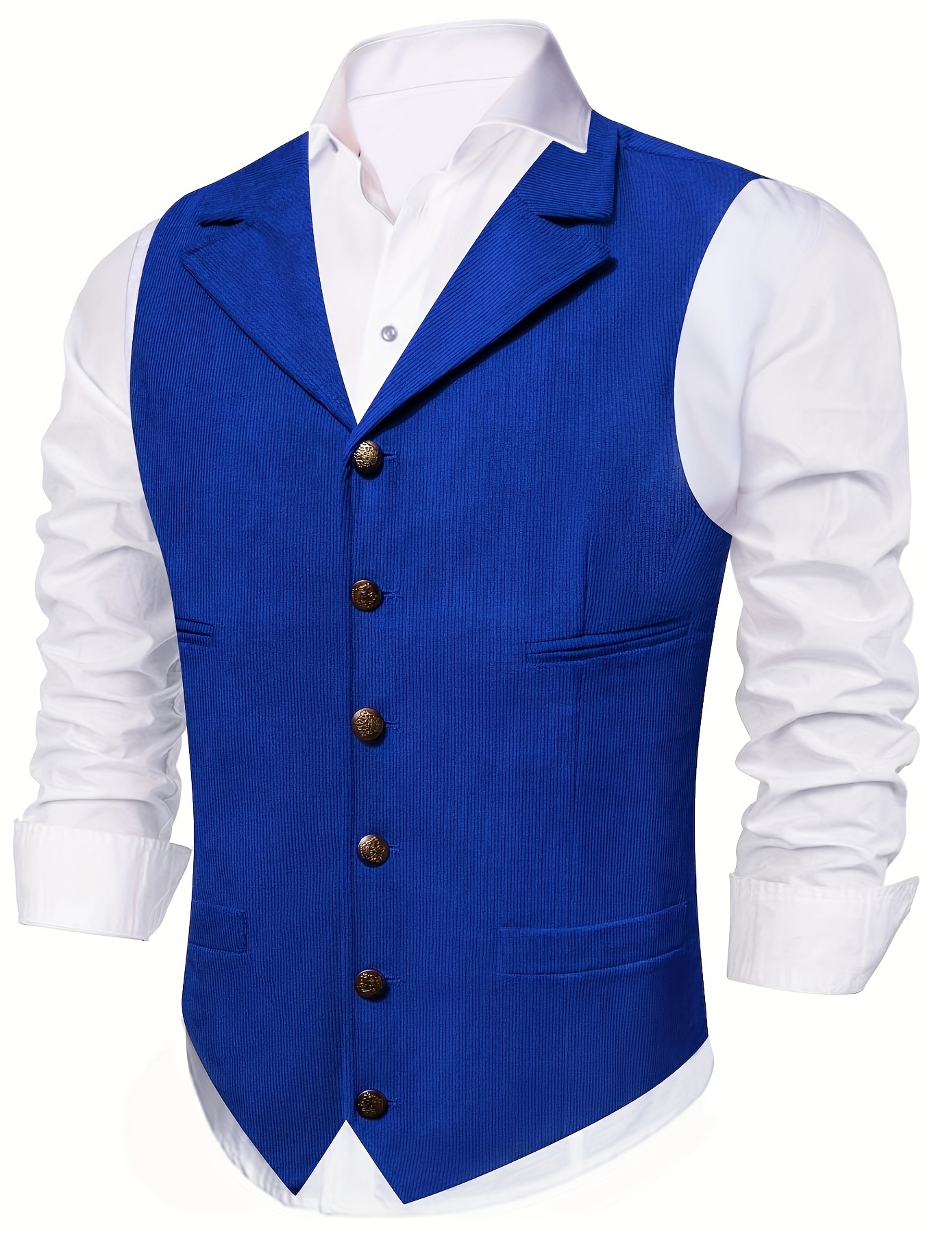 Men'S Vintage Corduroy Vest - Sleeveless, Brass Button-Up, Lapel with Pockets | Casual British Style Waistcoat