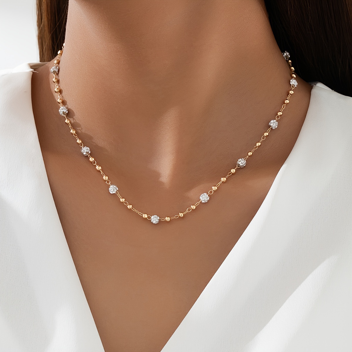 

1pc White Cubic Zirconia Ball Chain Necklace For Women, 18k Gold Plated, Minimalist Choker Necklace, Elegant Delicate Neck Chain For