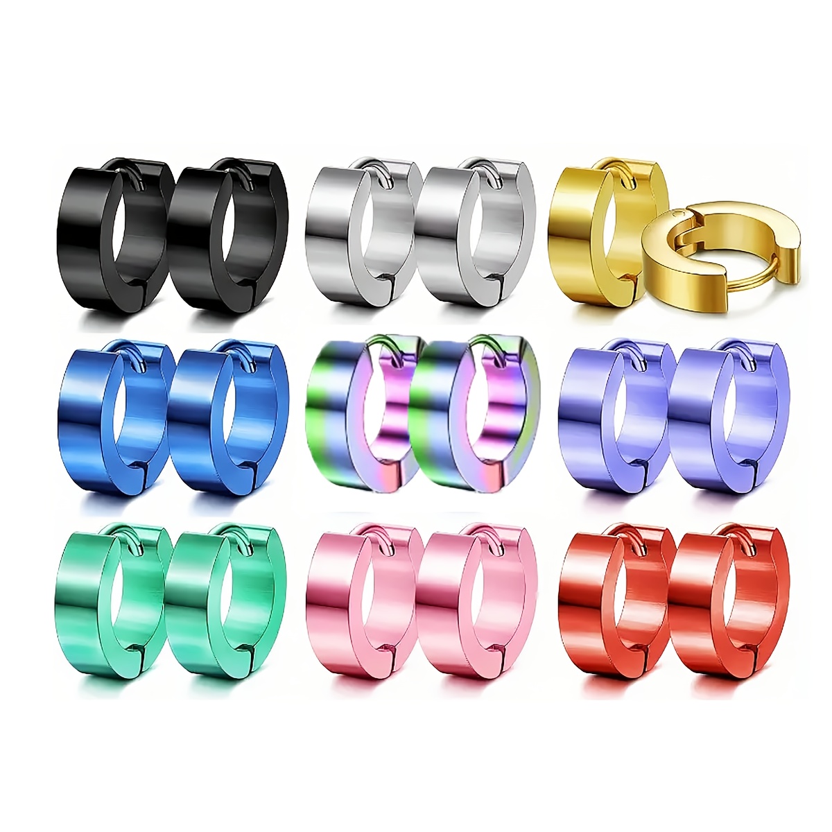 TEMU 9 paires de boucles d'oreilles en acier inoxydable, design à charnière anneau, ensemble coloré unisexe, ensemble pour /Halloween/vacances, pour