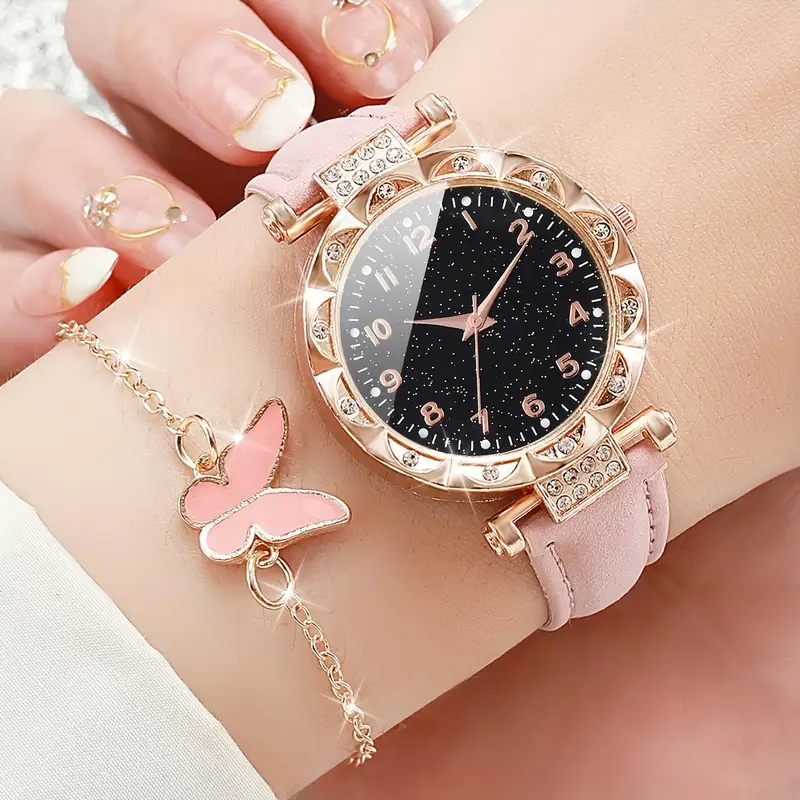 6pcs set womens shiny rhinestone quartz watch analog pu leather wrist watch butterfly jewelry set gift for mom her details 3