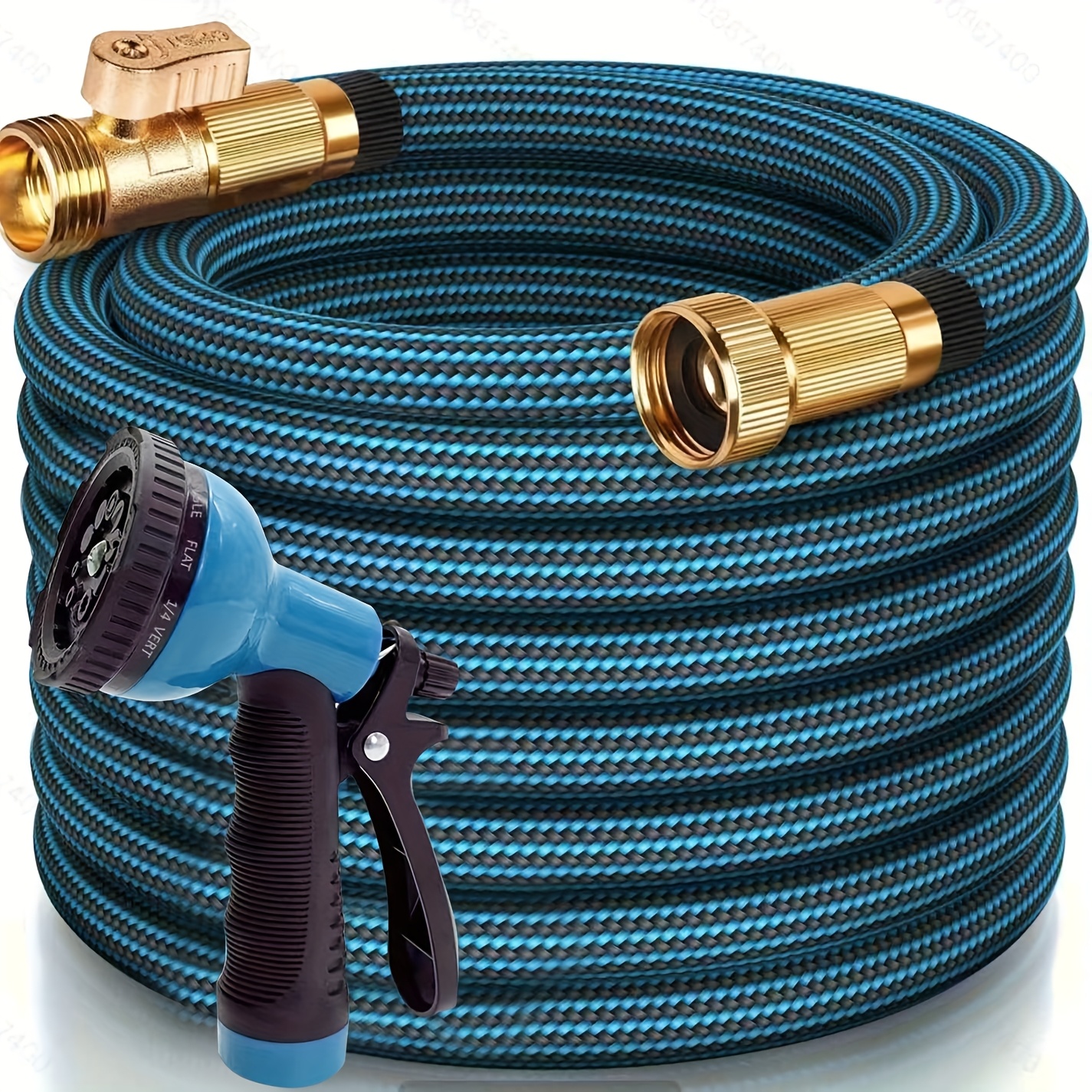 商品图片 重型花园水管，提供25、50、75和100英尺的长度，配备10功能高压喷雾喷嘴、实心黄铜接头、防漏设计，采用耐用橡胶制成，非常适合清洁、林业和园艺任务
