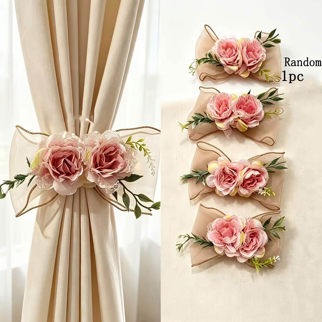 TEMU Fermatenda romantici con in organza e pizzo, 1 pezzo, fermacurtain con rosa artificiale, 1 stile casuale disponibile, cinghie decorative vintage