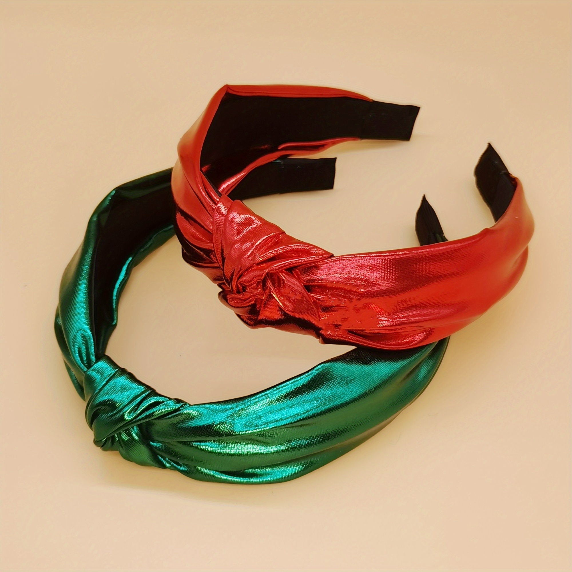 

Elegant Faux Leather Christmas Headband Set For Women - Red & Green Gradient, Knotted Design With Sequins & Bow Accents, Holiday Parties & Chic