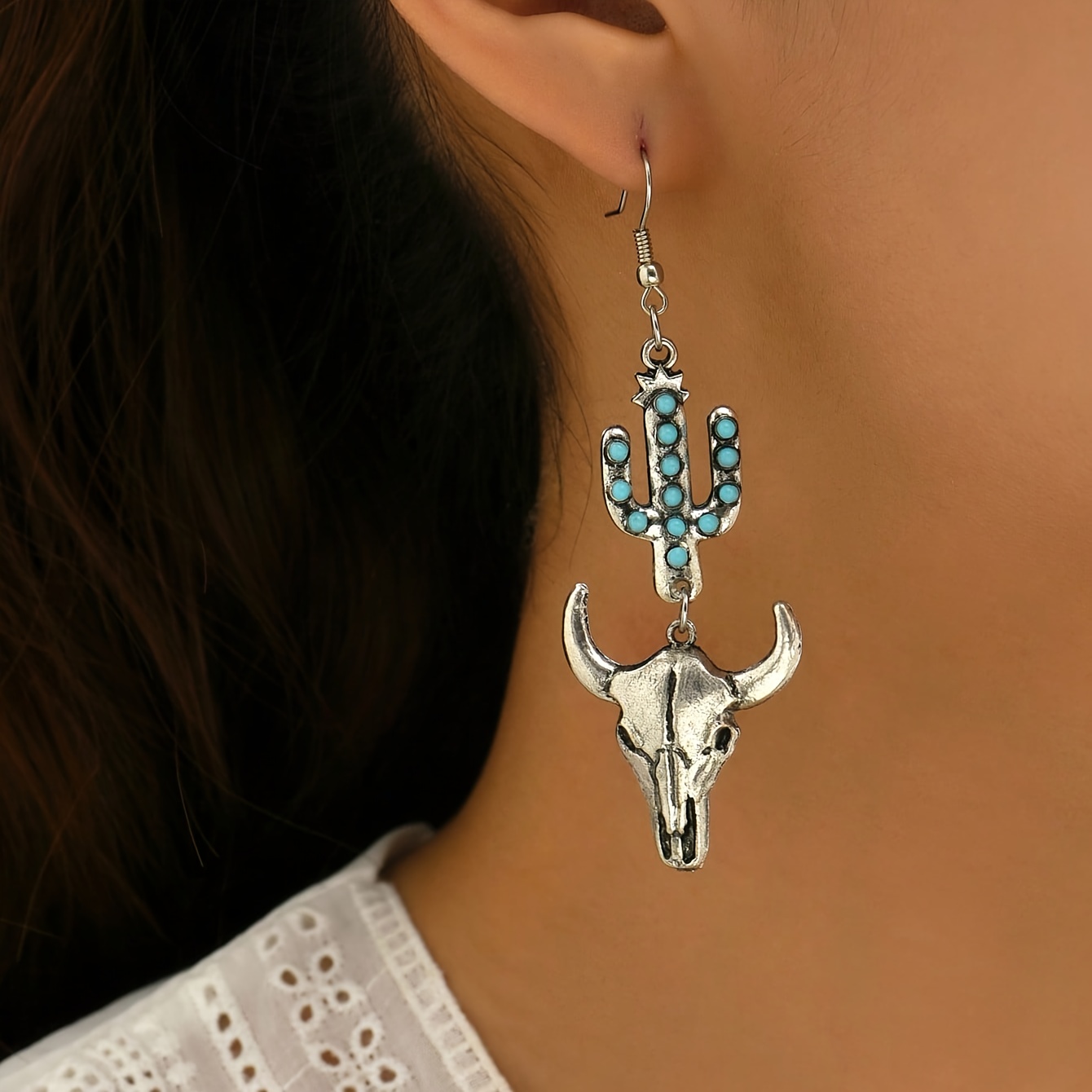 Western Cowboy Style Drop Earrings, Cactus Skull Design