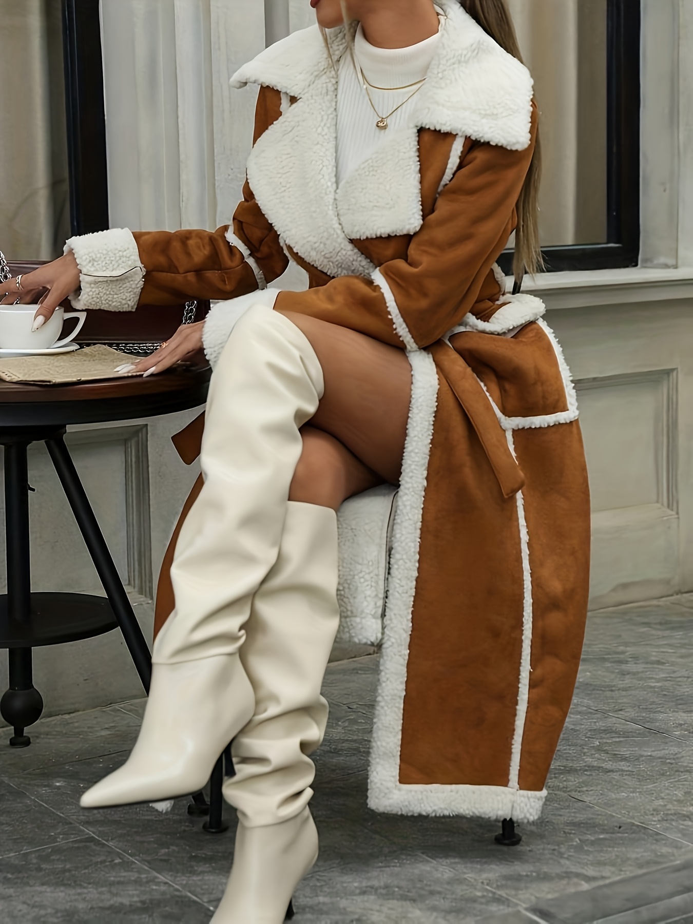 womens winter warm taupe suede faux fur coat   fit long jacket with large collar tie belt retro all in one   elegant casual to formal outerwear for fall winter durable versatile cold weather fashion fall outerwear
