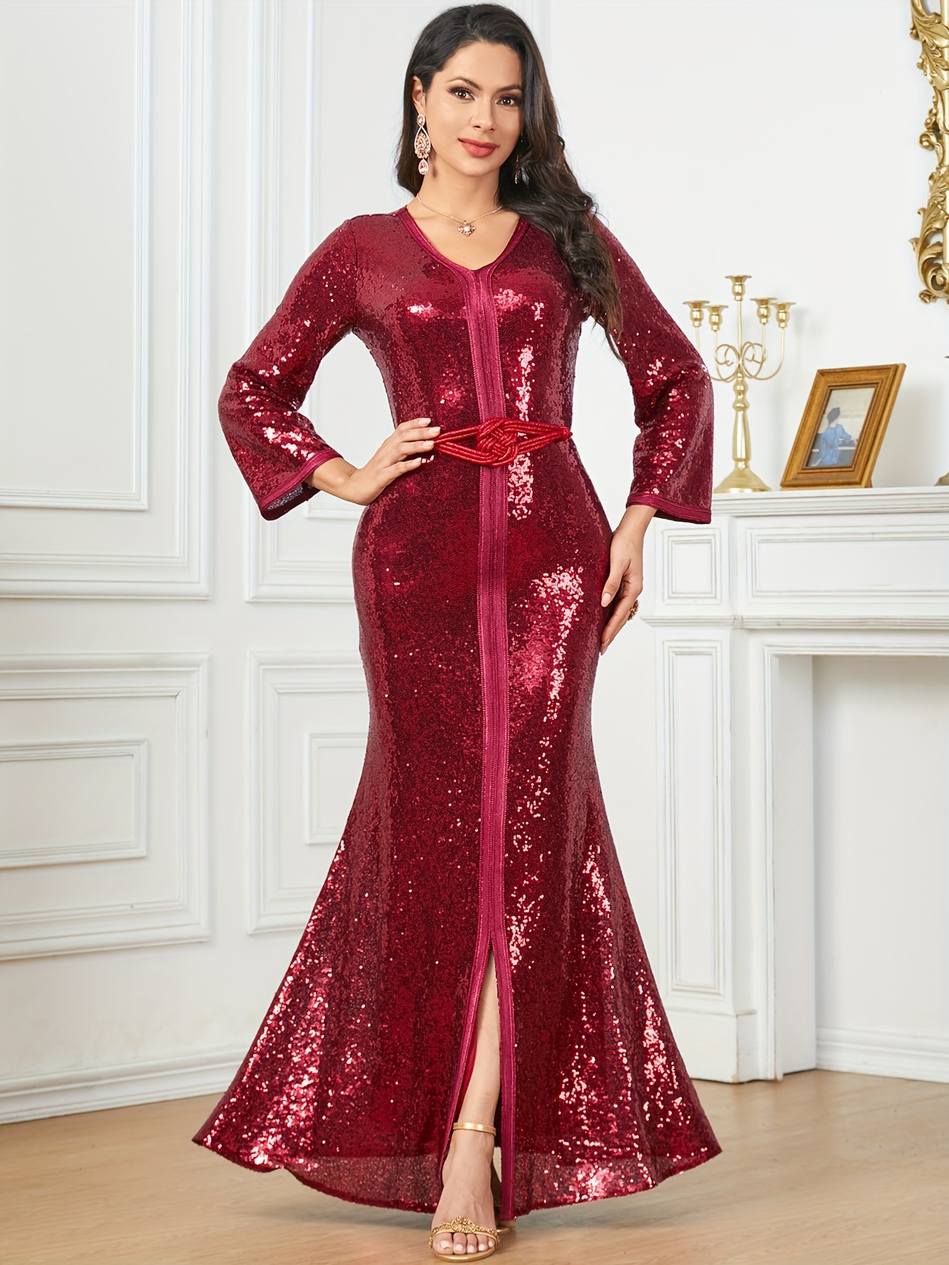 luxurious womens sparkling sequin kaftan dress long sleeve - Temu Oman