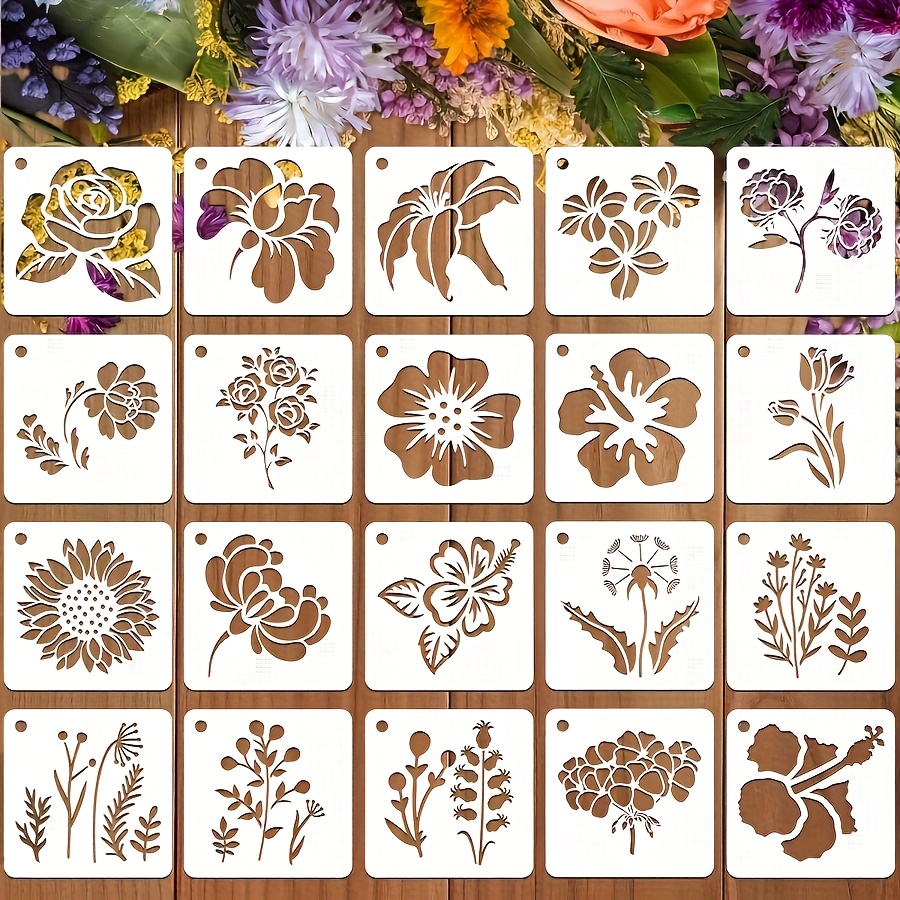 E-shop 20 Wiederverwendbare Blumen Pflanzen Mal Schablonen für Basteln, Holz Wandmalerei Vorlagen für Heimdekoration (Blumenpflanzen)