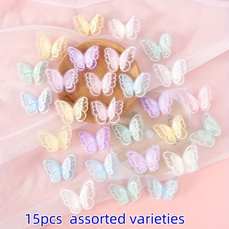 E-shop 15 Stück Zufällige Gemischte Farben Gestickte Spitze Schmetterling Applikation Doppelschichtige Bastelflügel, Hochzeitskleid Dekoration und