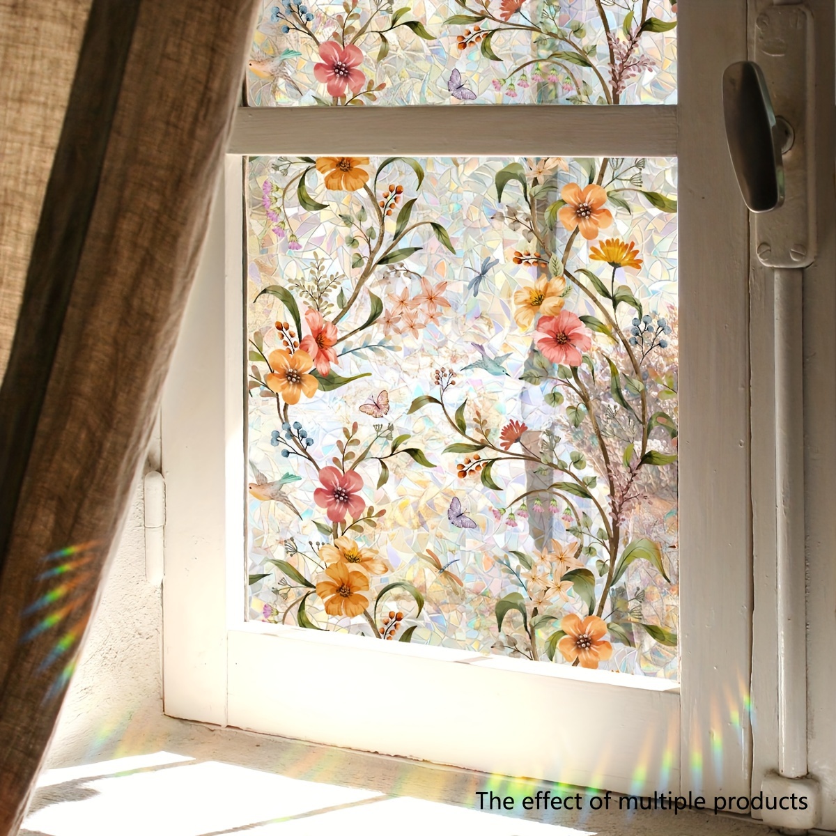 

Contemporary Floral Window Film Static Cling, Polyvinyl Chloride Decorative Stickers With Vivid Colors, Reusable Sunlight Prism Effect, Easy-to-cut Home Decor - 5mil Thickness