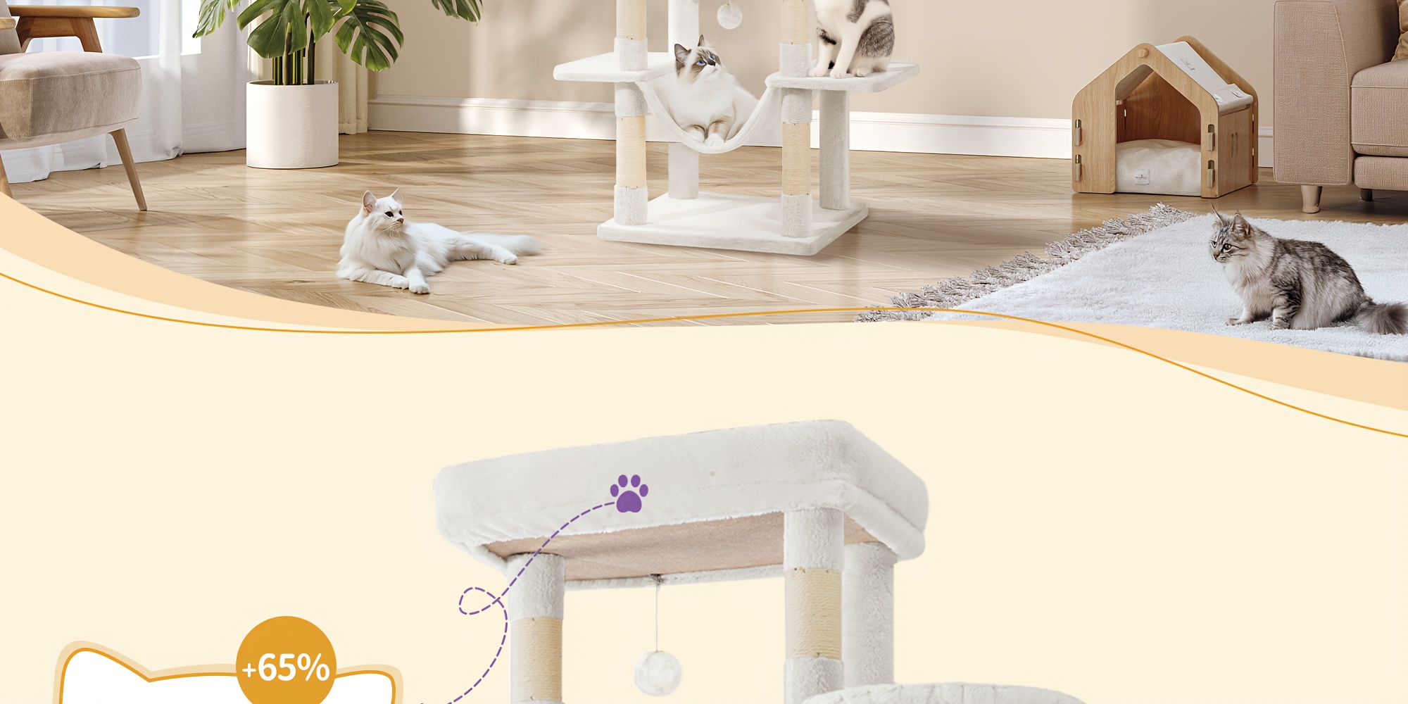 Grande Arbre à Chat, 210 cm de Hauteur, avec 8 Griffes, 2 Tanières, Grandes Plateformes, Tapis Lavable, Hamac, Balles en Peluche, Arbre Multiniveaux, Blanc Crème