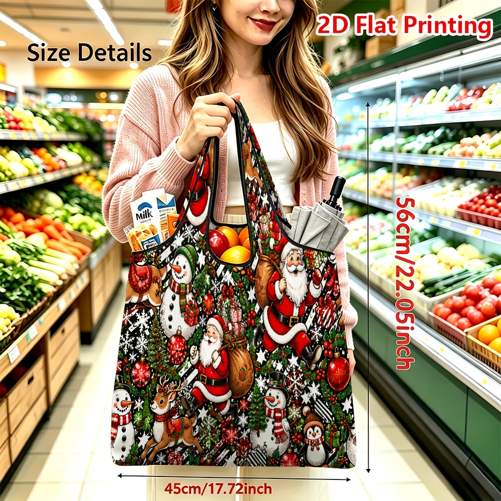 TEMU 1pc Reusable Foldable Portable Tote Bag Large Capacity For Grocery Shopping Picnic Travel With Christmas Print