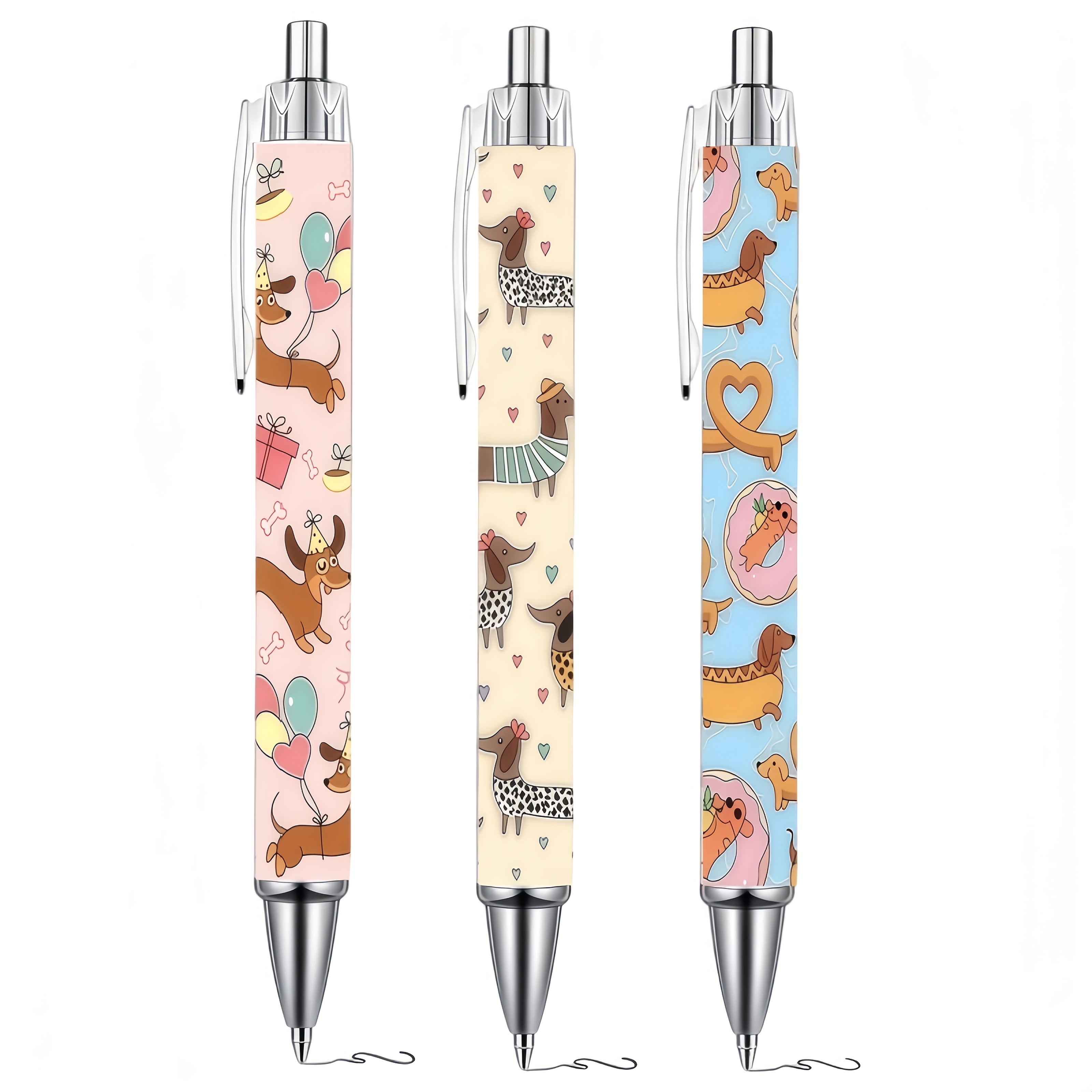 TEMU 3-pack Fun Sausage Dog Print Click Pens, Cute Sausage Dog Pattern Ballpoints, Each Pen With Different Cute Sausage , With Macaron Base, High