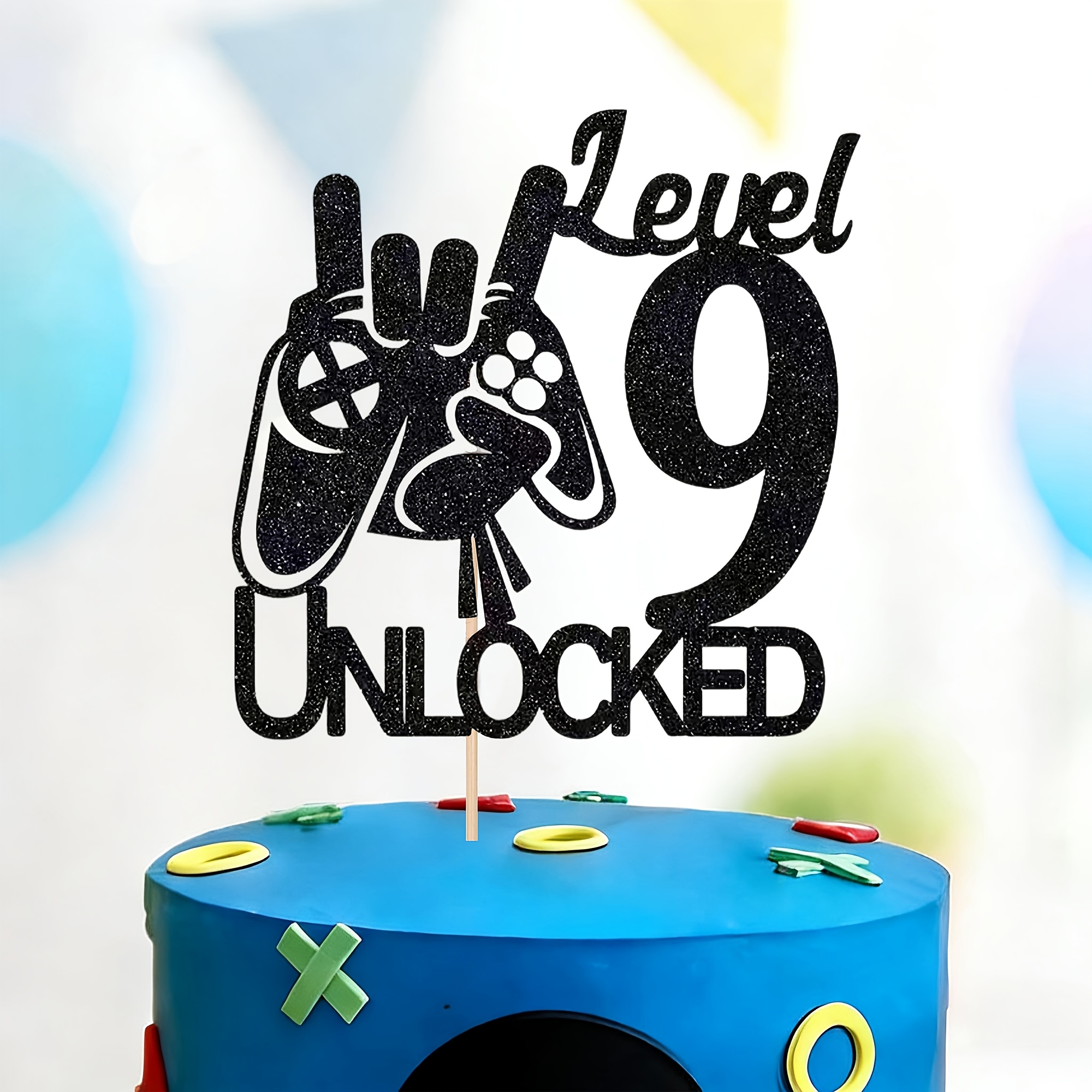 1pc Black Glitter Video 9 Unlocked Cake Topper, Gamer Theme Boys 9th Birthday Cake Decorations, Level Up Winner Party Supplies For Gaming Birthday