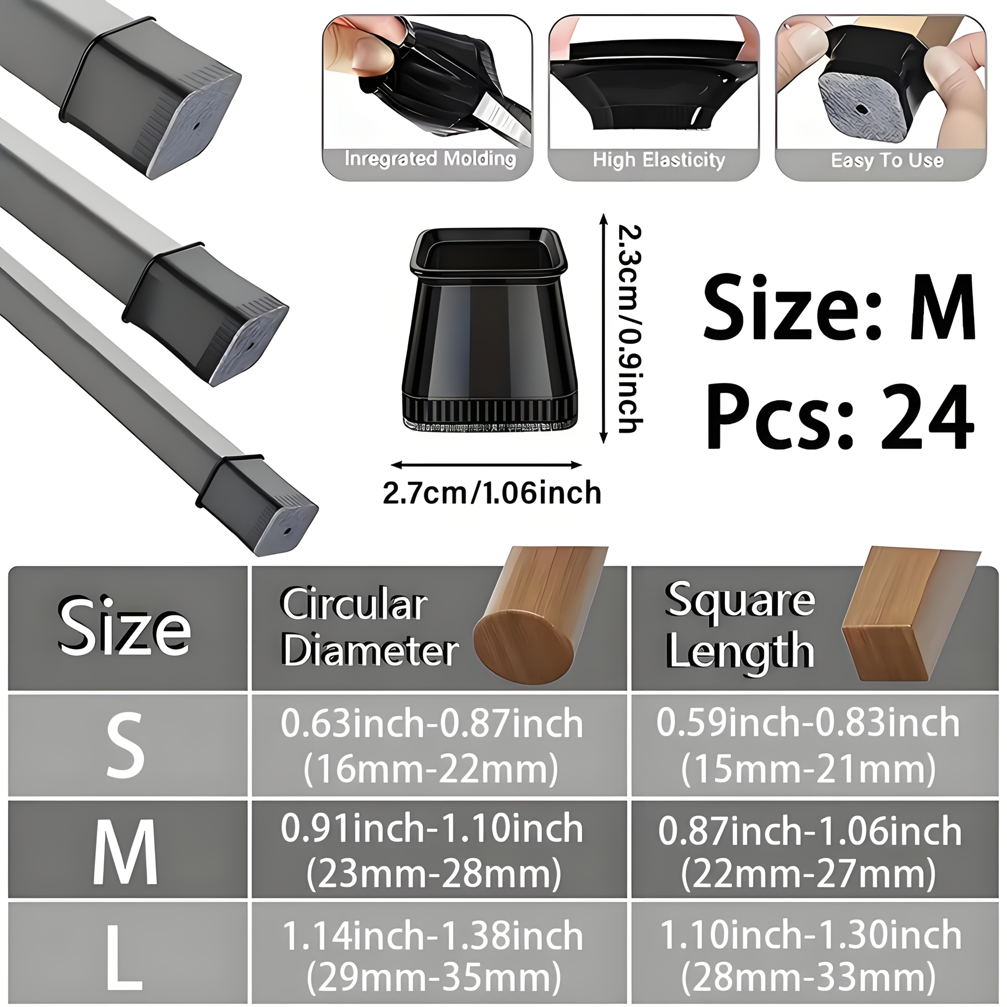TEMU Lot de 24 protège-pieds de chaise carrés en silicone, cache-pieds de taille moyenne, adaptés au bois dur, aux tapis et aux sols carrelés pour la