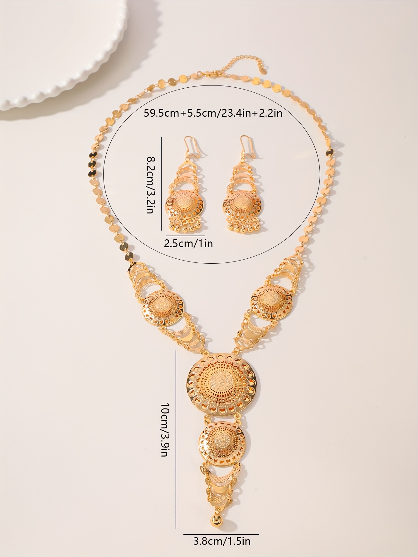 three piece elegant retro ramadan style copper gold plated creative sun flower tassel long necklace earrings womens party wedding dress accessories details 2